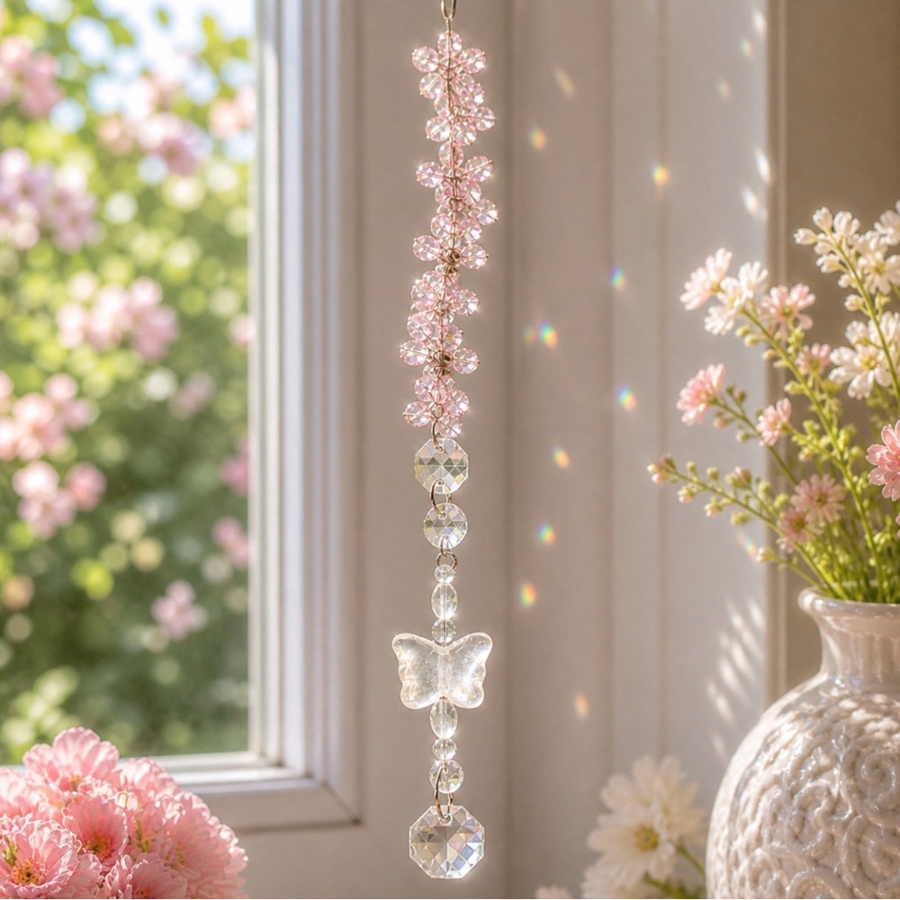 Vintage Beaded Suncatcher Pink Crystal Glass Butterfly Chandelier Window Charm